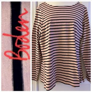 Boden Pullover Top Pink Black Striped Long Sleeve cotton scoop casual fun 16 NWT